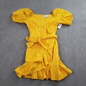 Sachin & Babi Dress Womens Size 2 Yellow Eyelet Wrap Mini Puff Sleeve Belted